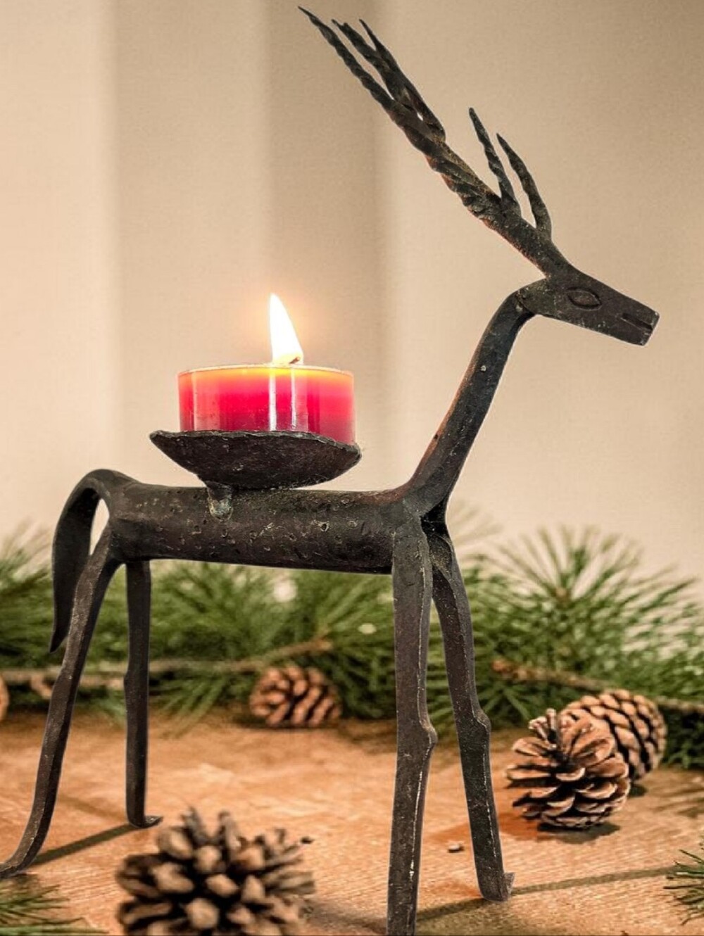 Brutalist Tribal Hand Wrought Iron Deer Candle Holders Tea Light Votive, Small